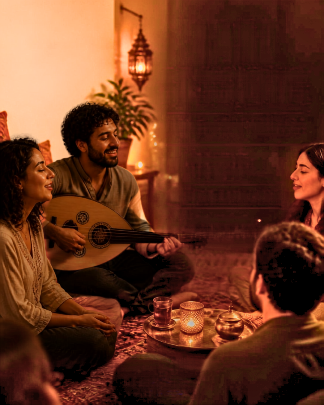 Friends singing Arabic music together around an oud