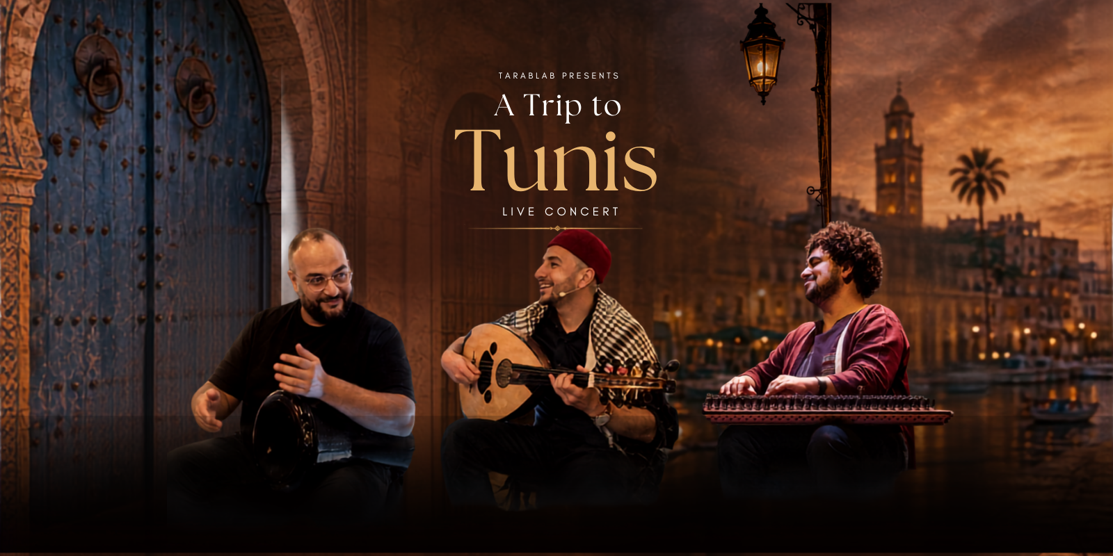 A Trip to Tunis concert poster featuring the three musicians in a Tunisian evening scene