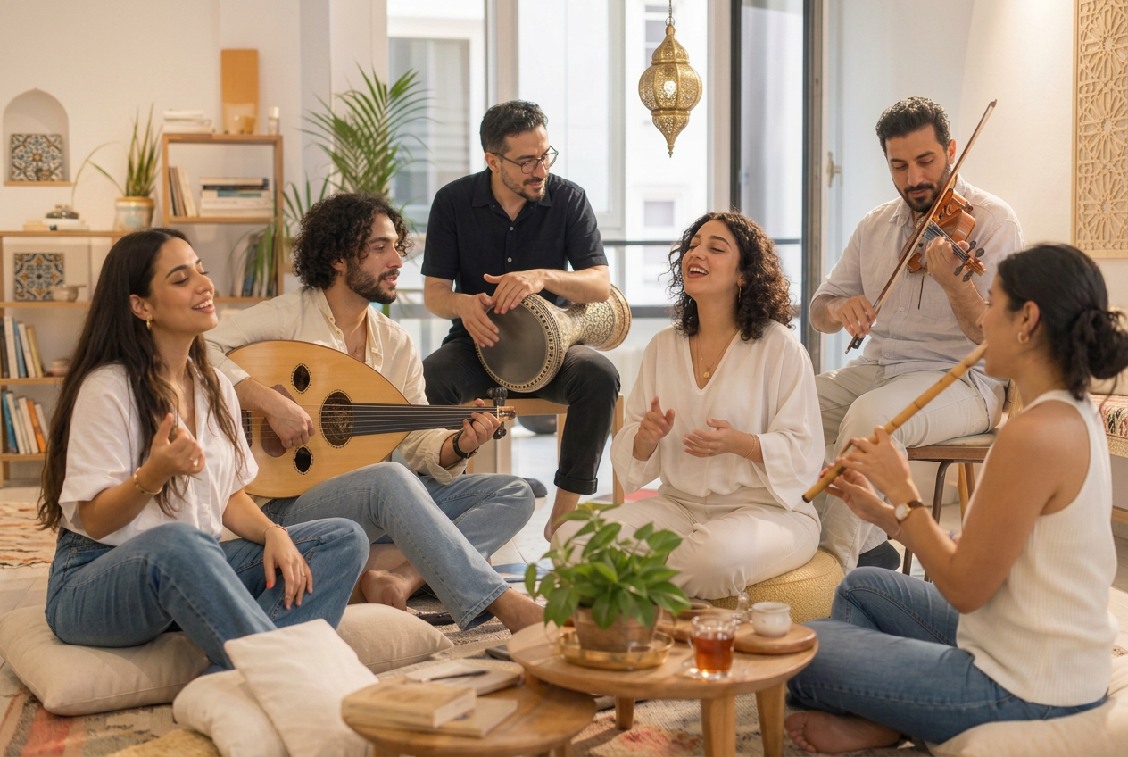 Musicians and friends singing and playing oud, darbuka and violin together in a bright, sunlit room
